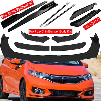 8PCS For Honda Fit Jazz Black Front Bumper Lip Spoiler+Splitter Side+Skirts - Image 1 of 4