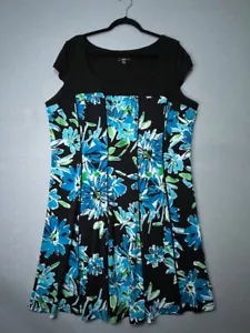 R&K Womens Dress 18W Black Turquoise Floral Print Midi Shift Cap Sleeves NWOT - Picture 1 of 13