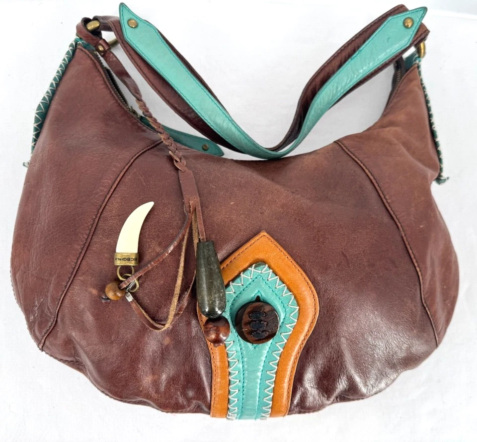 De colección Y2K BCBG Niñas Cuero Tostado Coñac Hobo Hombro Boho Bolso de Mano Borlas Foto 1 de 4
