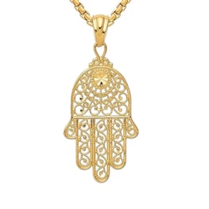 14K Solid Yellow Gold Filled Hamsa Hand Of Fatima Evil Eye Protection Necklace - Picture 1 of 4