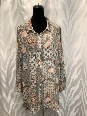 Camisa Spense Mujer Floral Paisley Alta-Lo Abotonada Manga Larga Talla 1X Foto 1 de 4