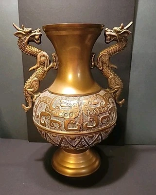 Antique Tall  Japanese Solid Brass Dragon Vase Urn High Detail - Image 1 of 4