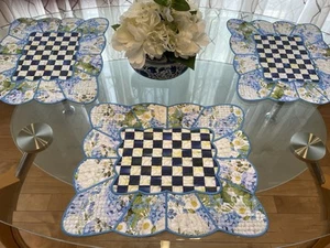 Scalloped Royal Check Hydrangea 2 sides Quilted Placemats-Mackenzie Childs GWP - Picture 1 of 11