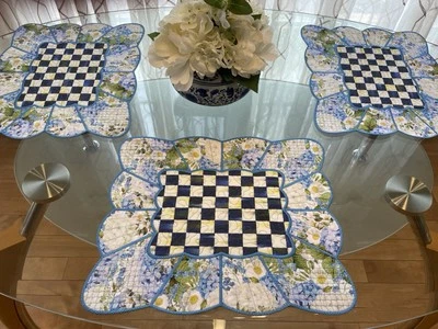 Scalloped Royal Check Hydrangea 2 sides Quilted Placemats-Mackenzie Childs GWP - Image 1 of 4