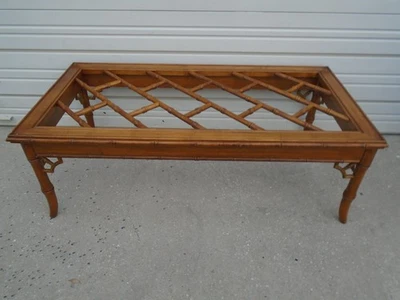 Asian Fretwork Faux Bamboo Coffee Table Chinoiserie Chippendale Regency Allegro - Image 1 of 4