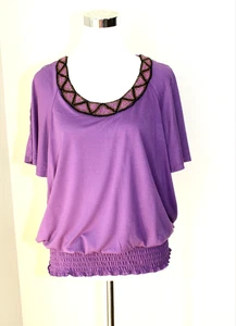 NWT FADED GLORY Knit Top Blouse SS Cold Shoulder Purple Beaded Neck 1X (16W) #03 - Picture 1 of 9
