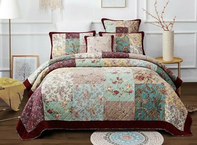 DaDa Bedding Burgundy Red Velvet Floral Roses Patchwork Cotton Bedspread Set - Image 1 of 4