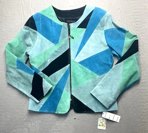 Karen Arnold Suede Leather Jacket Sm Blue Green Patchwork Zip Front Vtg Y2K 90's - Picture 1 of 10