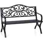 Outdoor Garden Bench With Floral Pattern Backrest, Cast Iron, Metal Frame, Patio
