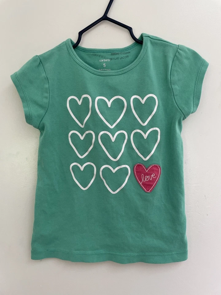 Carter's Kids Girls Love Hearts 100% Cotton Crewneck Short Sleeve Shirt Green 5 - Image 1 of 4