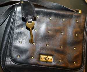 Fossil Key Per Turn Lock Studded Black Leather Purse Bag Cross Body Strap