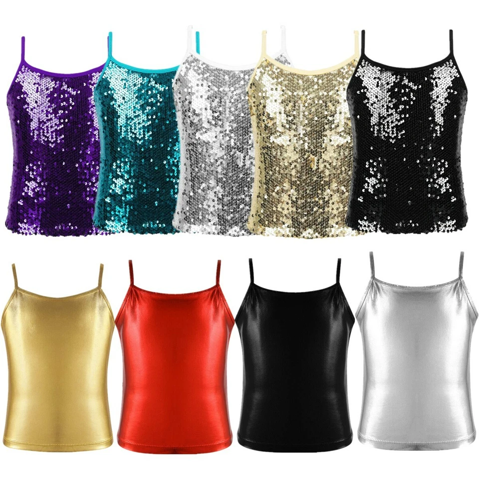 Kids Girls Sleeveless Vest Shiny Sequins Tank Top Jazz Hip Hop Dancewear Costume - Image 1 of 1