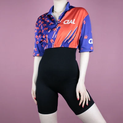 VINTAGE Sports Cycling Rave Blue Red Leopard Crop 80s T-Shirt Top Small 10 12 - Image 1 of 4