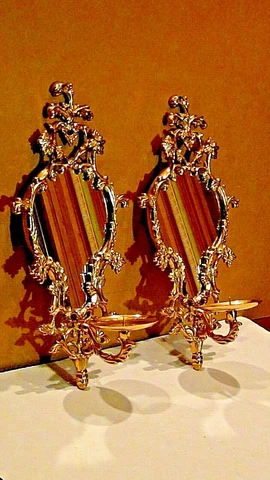 PAIR VINTAGE ITALIAN GILT BRASS ORNATE FRAME MIRRORS WITH CHANDELIERS Cover