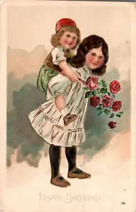 GEBURTSTAGSPOSTKARTE Kleine Mädchen bringen Rosen. Huckepack. geprägt. - Bild 1 von 2