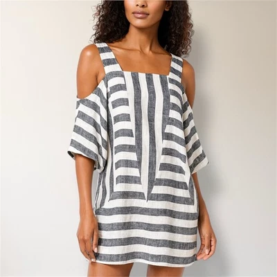 Top túnica a rayas negras Soft Surroundings hombro frío boho puesta de sol festival talla M Foto 1 de 4