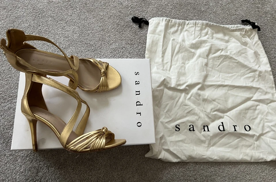 Sandro "Elisa" Gold Tones, Knotted Toe Strap, Heeled Sandals EU40 (UK7) - Image 1 of 4