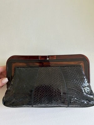 1970s MARGOLM Black Snakeskin Clutch with Brown Tortoise Trim - Image 1 of 3