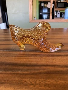 Vintage FENTON? Art Glass Amber Hobnail Shoe Slipper W/Cat Head 5.5" - Imagen 1 de 14
