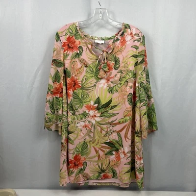 J. Jill Pink Tropical Floral Print Chiffon Lined 3/4 Sleeves Tunic Shirt Size M - Image 1 of 4