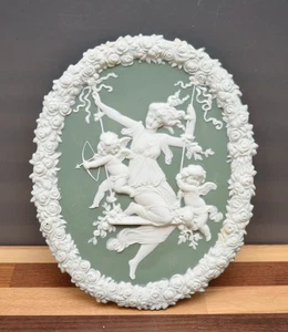 Antique Germany Green Jasperware Maiden With Cherubs Flowered Edge Wall Art - Picture 1 of 10