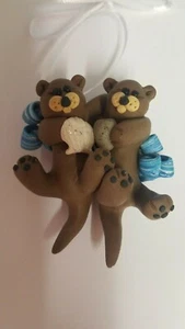 OTTER COUPLE Christmas Ornament HAND MADE Polymer Clay - Picture 1 of 4