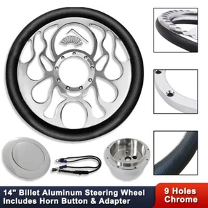 14" Chrome Billet Flamed Steering Wheel w/ 9 Holes Adapter & Smooth Horn Button - Picture 1 of 9