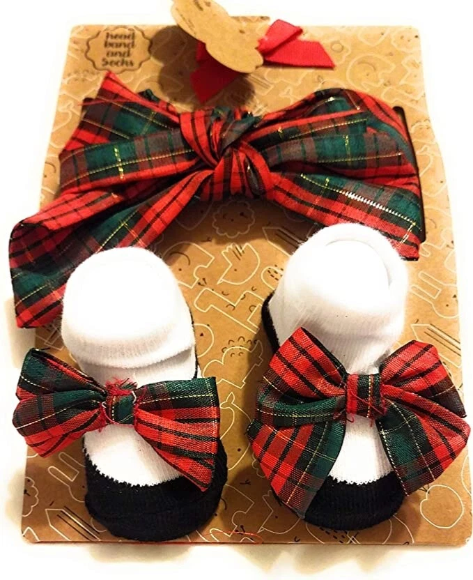 NWT Baby Girl Christmas Headband slip on Socks plaid bow - Image 1 of 1