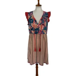 Mystree Boho Floral Stripe Tassel Dress Mixed Print Festival Style Medium - Picture 1 of 7