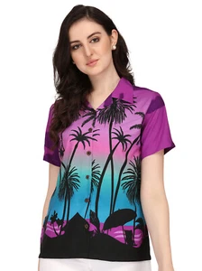 Hawaiian Shirt Women Coconut Tree Print Aloha Beach Top Blouse Casual - Picture 1 of 29