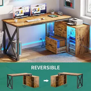 55" Reversible L Shaped Desk Corner Office Desk with Power Outlets & LED Lights - Picture 1 of 9