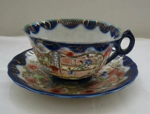 Taza de té y platillo pintados a mano "GEISHA GIRL" C. 1920-30 BORDE COBALTO/IMARI CO - Imagen 1 de 7