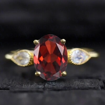 3.00Ct Oval Cut Natural Garnet & Diamond 100% 14k SOLID Yellow Gold 3-Stone Ring - Image 1 of 4