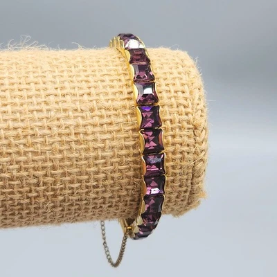 Art Deco Square Purple Paste Glass Gold Tone Line Tennis Bracelet 7" - Image 1 of 4