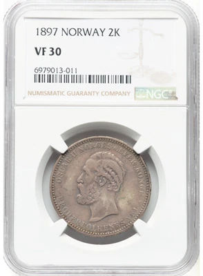 1897 Norway Oscar II 2 Kroner NGC VF30 Low Mintage - Image 1 of 2