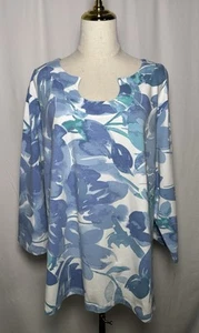 Ruby Rd. Women Blouse Shirt Top Tunic 3X Cotton 3/4 Sleeve Shoehorse Blue White - Picture 1 of 11