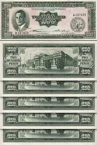 Filippine 200 Pesos, 1949, Unc, LOTTO 5 PEZZI, P-140, Prefisso A - Foto 1 di 4