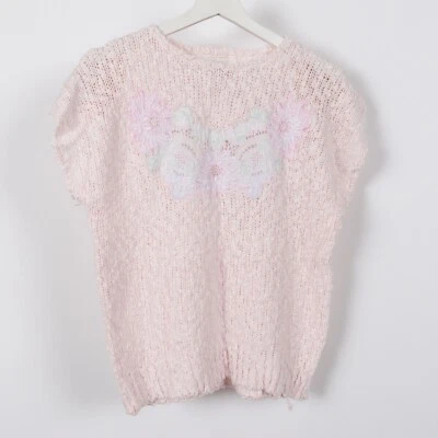 Vintage 80s Knitted Flowal Women's Sweater Sleeveless Vest Embroidered Medium - Image 1 of 4