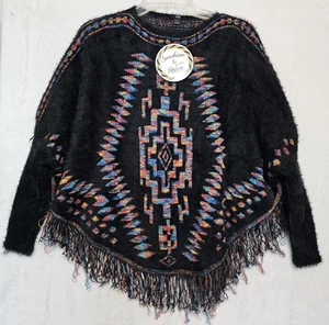 NWT Sunshine & Rodeos Sweater Poncho Aztec Design Uber Soft Fur-like Knit Sz L - Picture 1 of 8