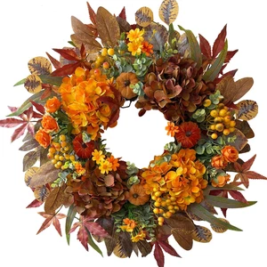 Fall Wreaths for Front Door, 24 Inch Orange Autumn Door Wreath with Hydrangea an - Picture 1 of 12
