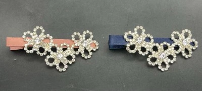 Rhinestone Flower Black & Pink Satin Lined Hair Clips Barrettes Lot of 2 - Image 1 of 4