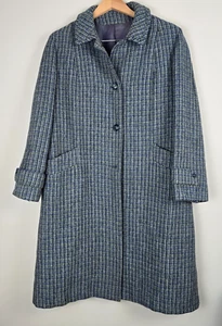 Vintage Harris Tweed 100% Wool Coat Blue Green Houndstooth 40s 50s Style Medium - Picture 1 of 17