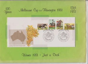 Stamps 1981 Australia racing set 4 Melbourne Cup postmark wattle souvenir cover - Picture 1 of 1