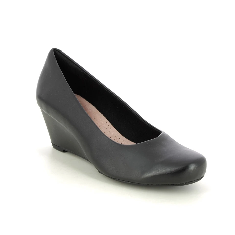 Clarks Flores Tulip Slip on Wedge PUMPS Black Leather 8 US / 39 EU