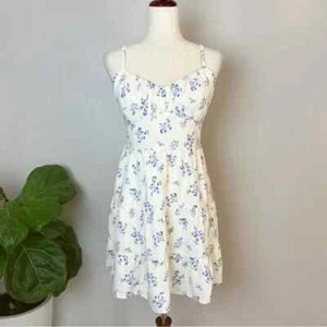 HOLLISTER Women's Size L Cream & Blue Flora Open Back Linen-Blend Mini Dress - Picture 1 of 11