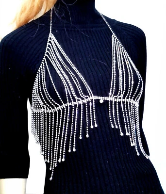 Sujetador de cristal con cadena de cuerpo de diamantes de imitación para el pecho Foto 1 de 4