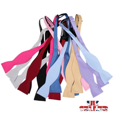 Men's Self Bow Tie Adjustable Multi Colour Plain Satin Necktie Wedding Party UK - Image 1 of 4