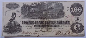 1862 $100 Confederate States of America Trains T39 John Boston reverse signature - Picture 1 of 2