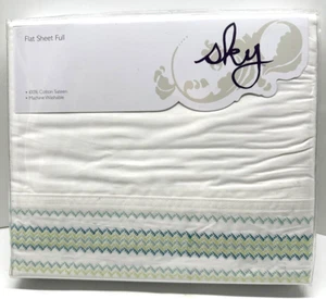 Sky Chevron Embroidered Flat Sheet Full Size 100% Cotton Sateen White 300 Thread - Picture 1 of 5