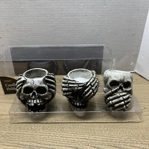 Set Of (3) Mini Skull Resin Candle Holders Gothic Halloween - Picture 1 of 12